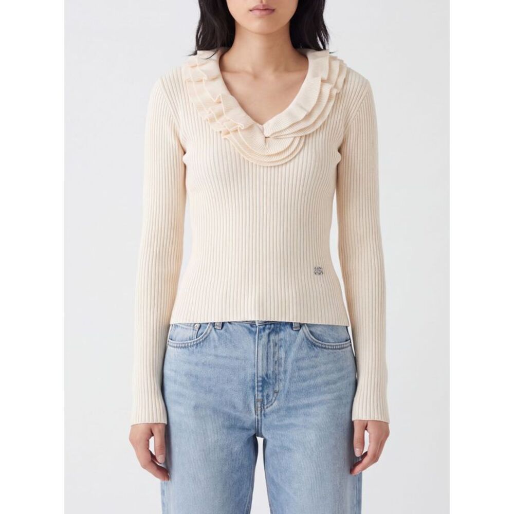 Ganni Women Ganni Slim Fit Ribbed Wool V-Neck Jumper With Butterfly Logo